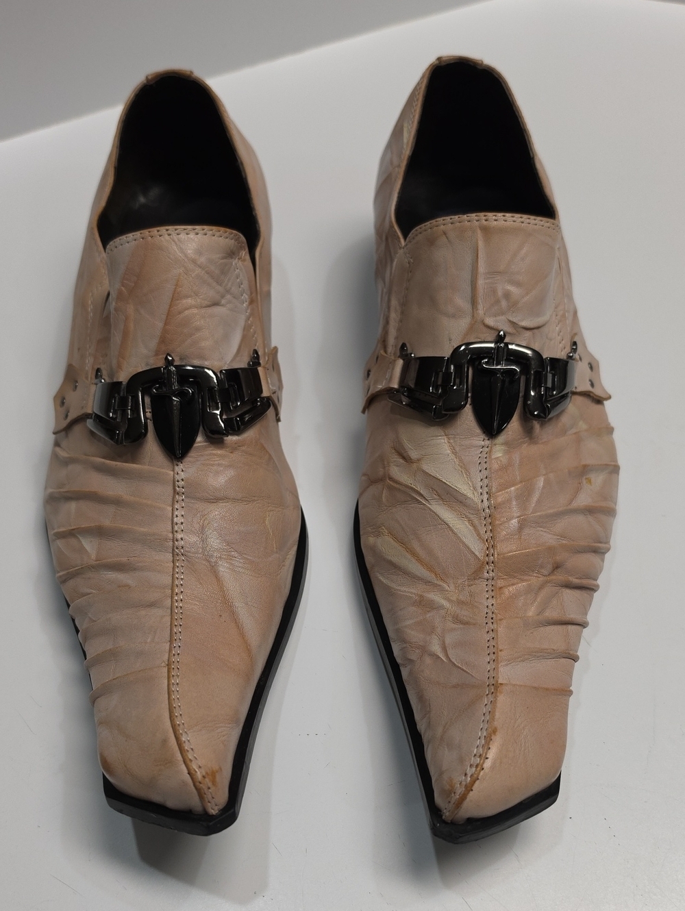 Fiesso Aurelio Garcia Beige Leather Pointy Pleated Loafers Mens 10